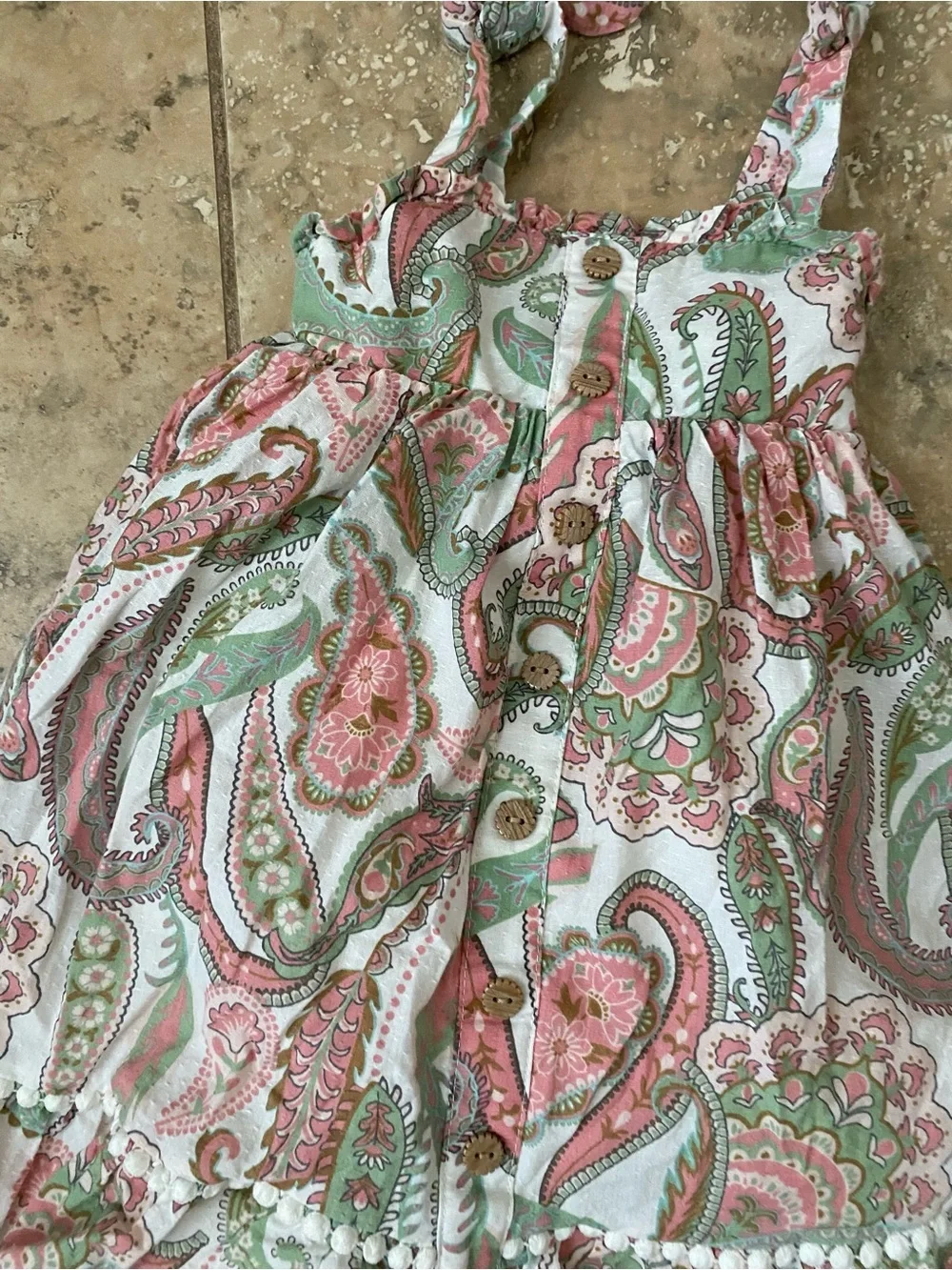 Haute Hippie Boho Girls Paisley Pompom Trim Pink Mint Adorable Summer Dress 2T
